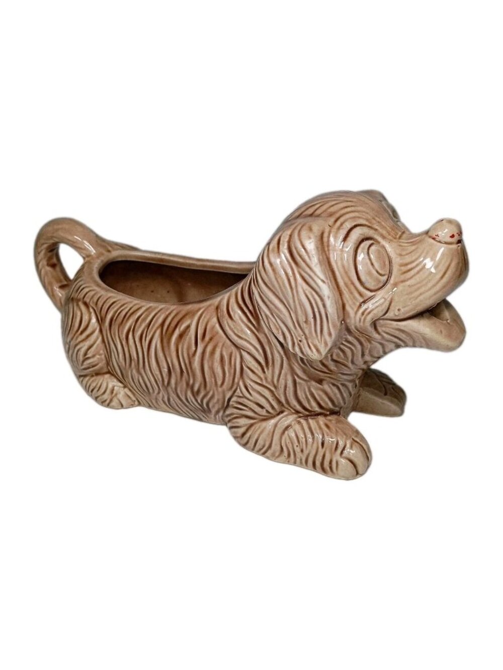 Vintage MCM Pottery Dog Creamer Gravy Boat Brown Planter 9"